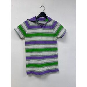 Vintage Cellini‎ Striped Shirt Womens Medium Green Purple Zip Polyester 70s